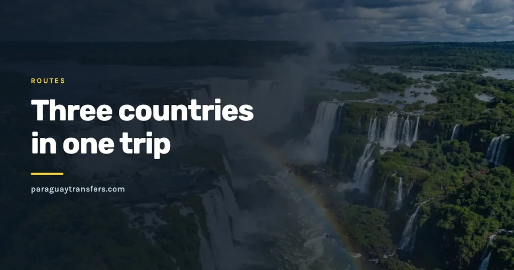 Panoramic view of the Iguazu Falls from the Brazilian side, with the site name over a dark overlay