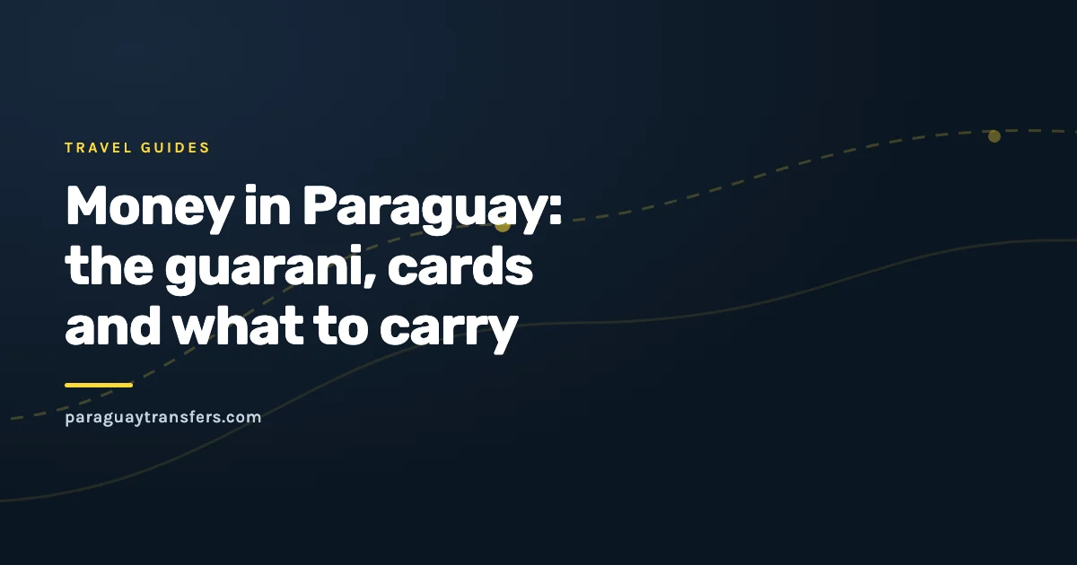 A traveller's hand holding a small fan of Paraguayan guarani notes over an open wallet with a bank card and a few US dollar bills tucked behind it.