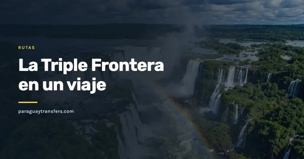 Vista panorámica de las cataratas del Iguazú desde el lado brasileño, con el nombre del sitio sobre un velo oscuro
