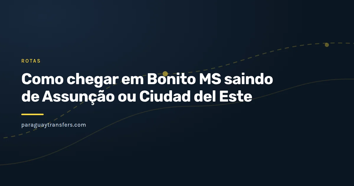 Arte da marca Paraguay Transfers com um mapa estilizado da rota entre Assunção e Bonito, marcando a fronteira seca de Pedro Juan Caballero e Ponta Porã