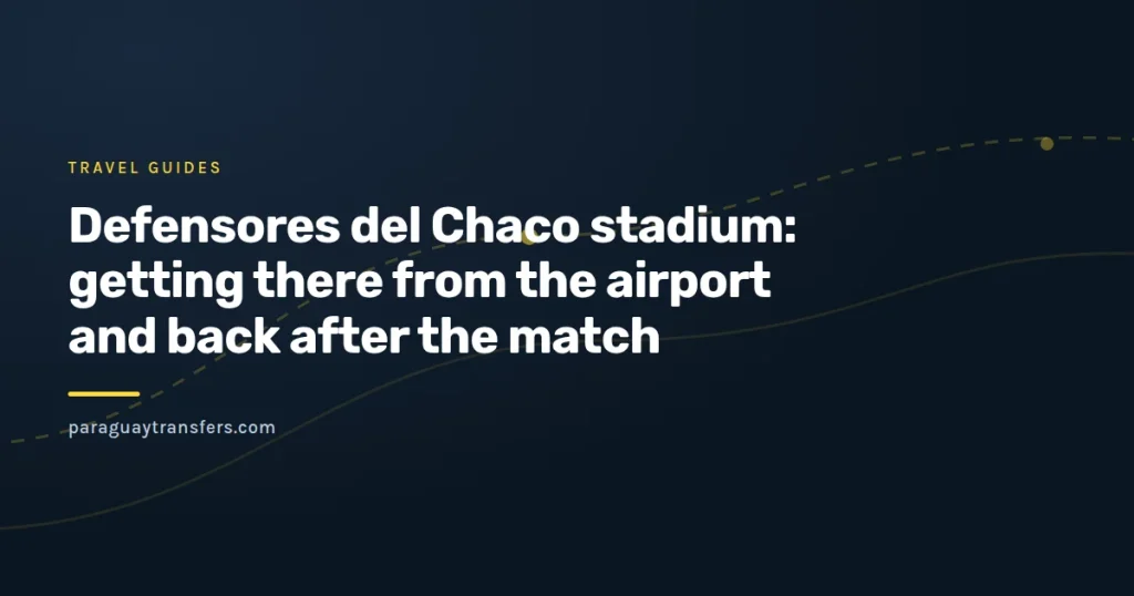 Paraguay Transfers brand artwork showing the outline of a floodlit stadium stand at night with a van waiting outside