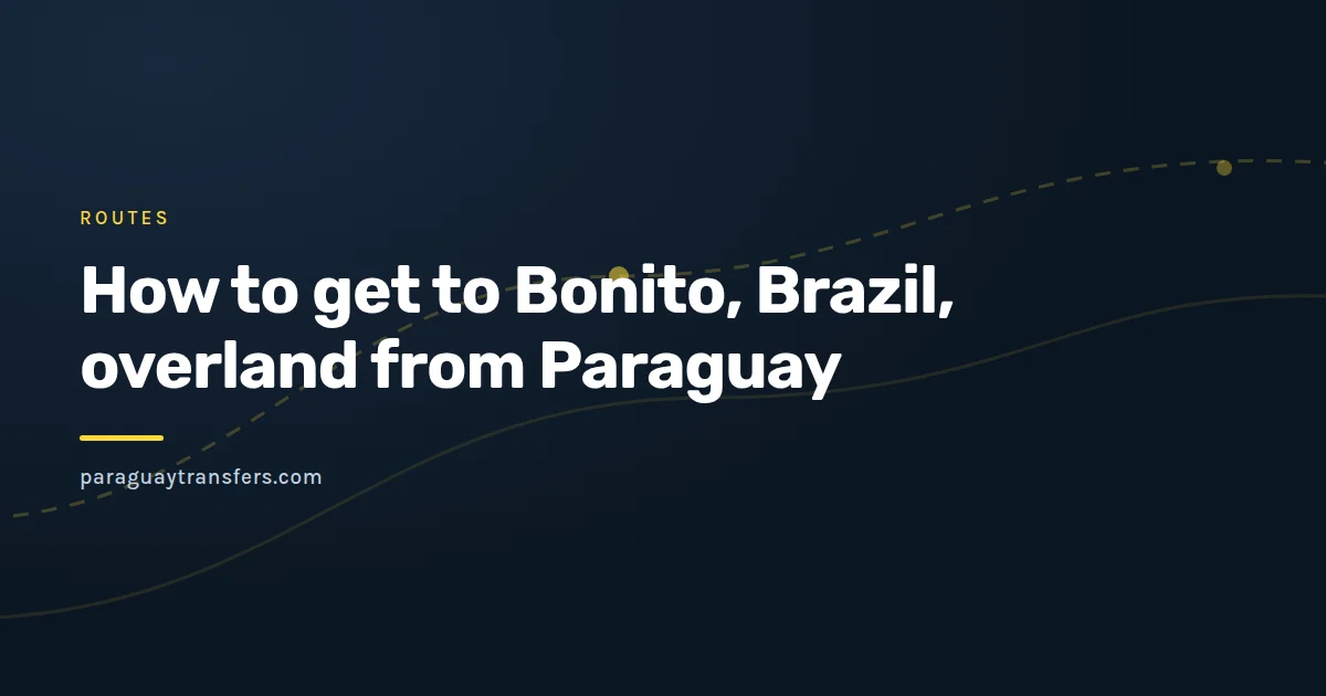Paraguay Transfers branded graphic with a stylised map of the drive from Asunción to Bonito, marking the open land border at Pedro Juan Caballero and Ponta Porã